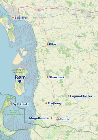 Landkarte von Nord- und Südschleswig mit Röm sowie den Ausflugszielen Esbjerg, Ribe, Skærbæk, Løgumkloster, Trøjborg, Tønder, Møgeltønder und Sylt